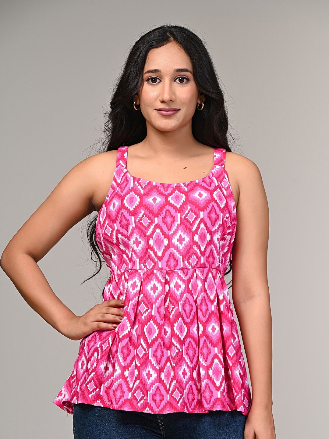

SAADGEE Women Geometric Printed Cotton Peplum Top, Pink