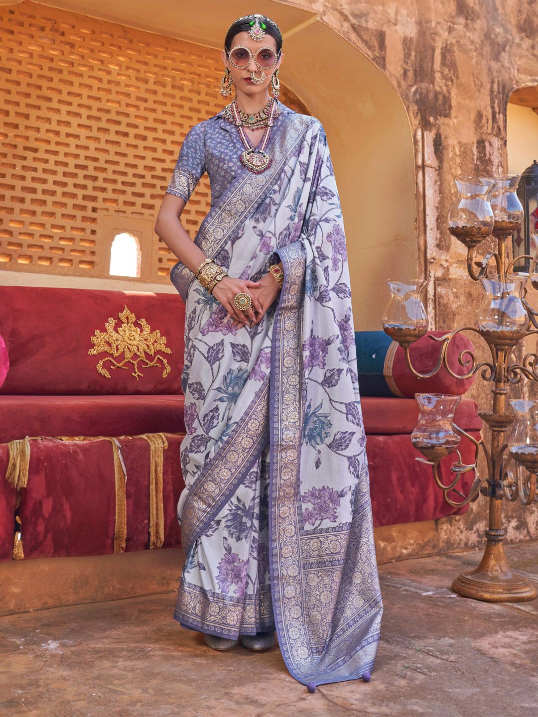 

Anouk Floral Printed Zari Sungudi Saree, Violet