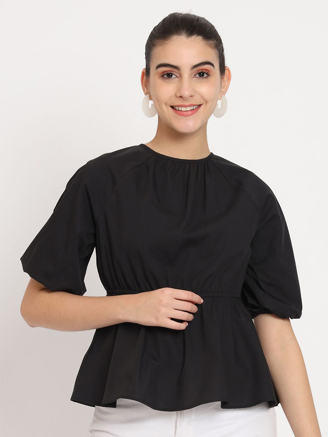 

SHAHVEER CREATION Women Puff Sleeve Cotton Peplum Top, Black