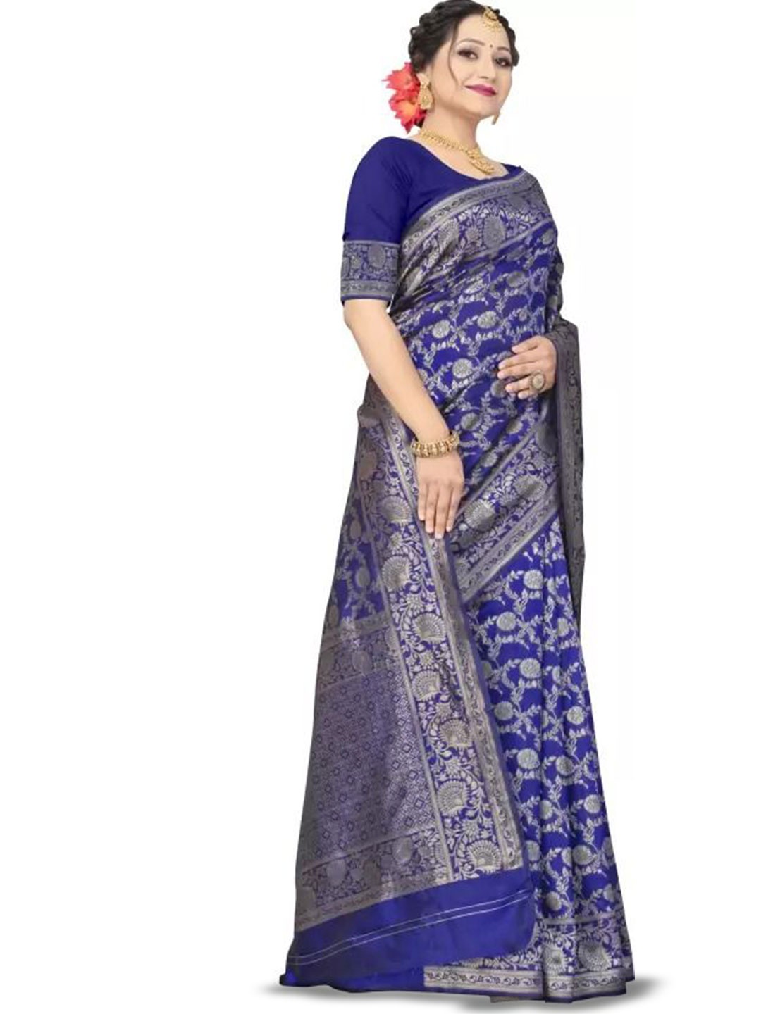 

Florence Woven Design Pure Silk Saree, Navy blue