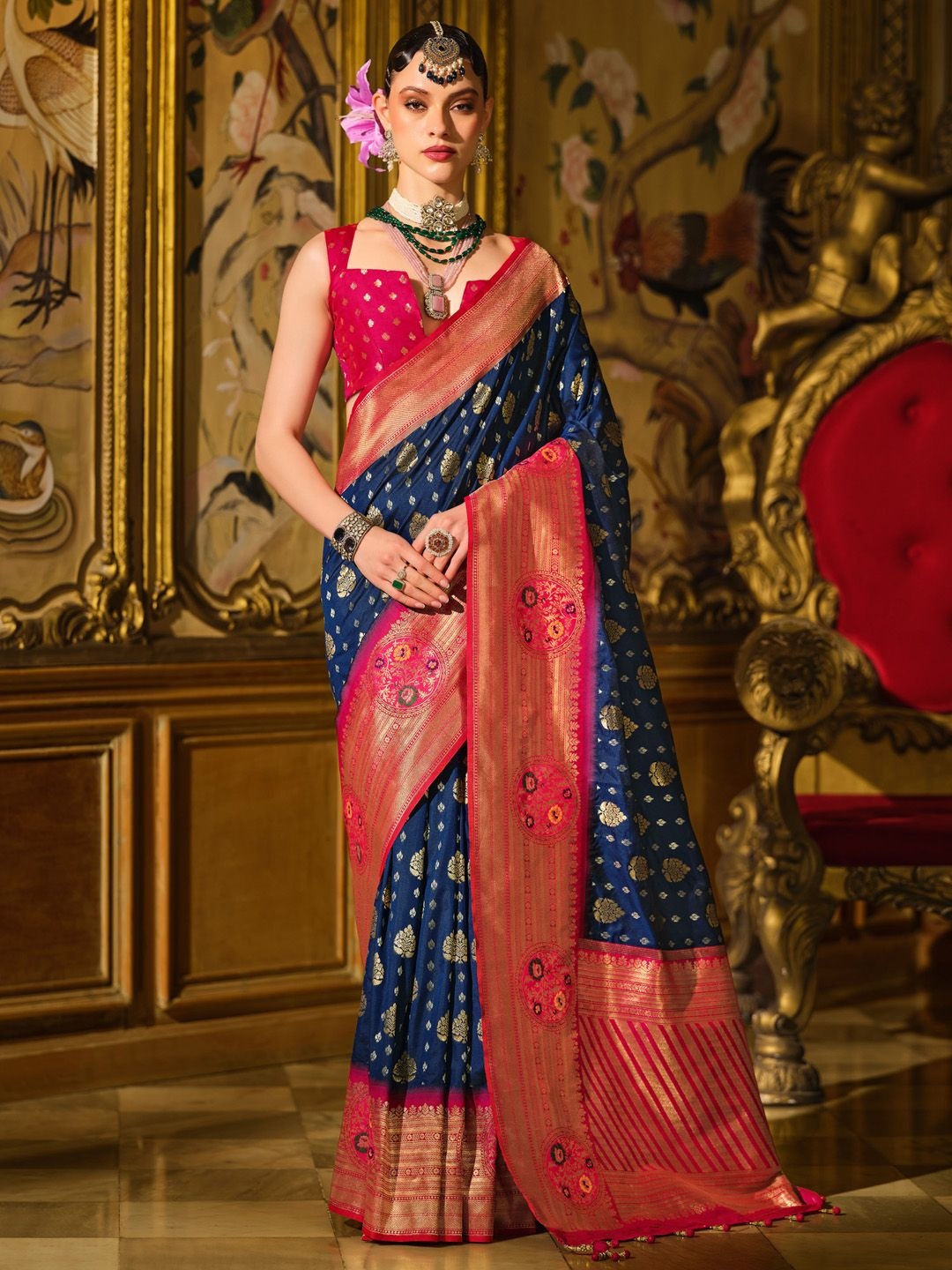 

Anouk Ethnic Motifs Designer Banarasi Saree, Navy blue