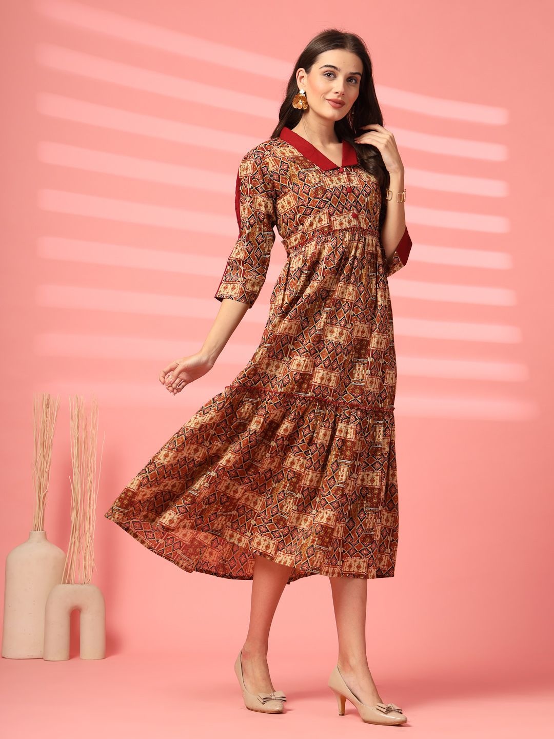 

Indibelle Women Printed Cotton A-Line Midi Dress, Maroon