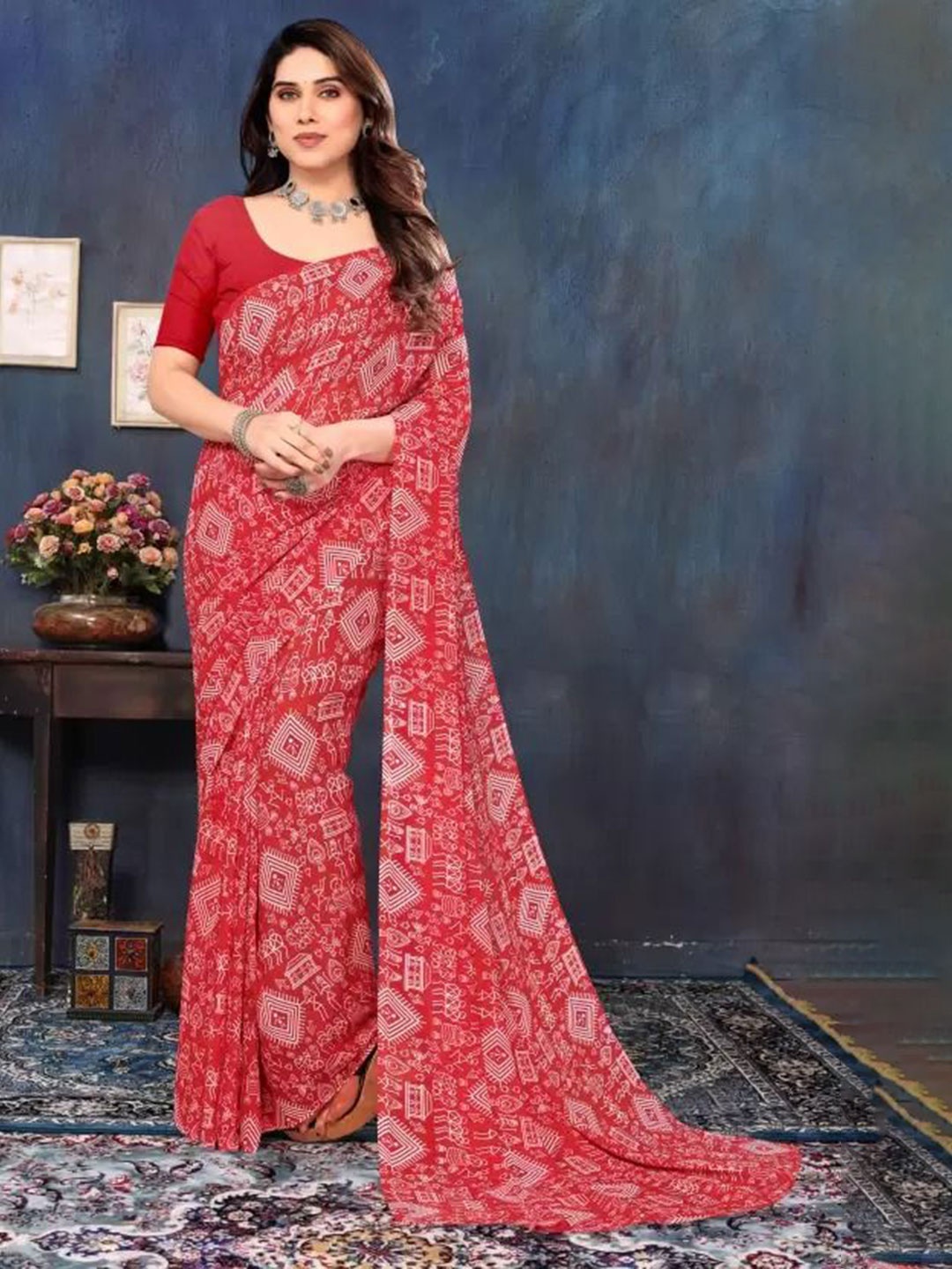 

Florence Warli Printed Pure Georgette Saree, Red