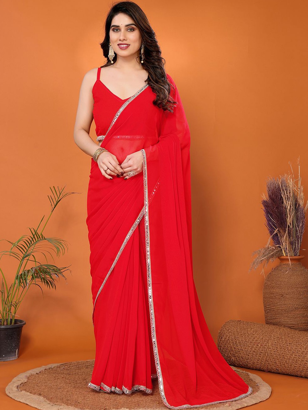 

FABMORA Embellished Mirror Work Pure Georgette Saree, Red