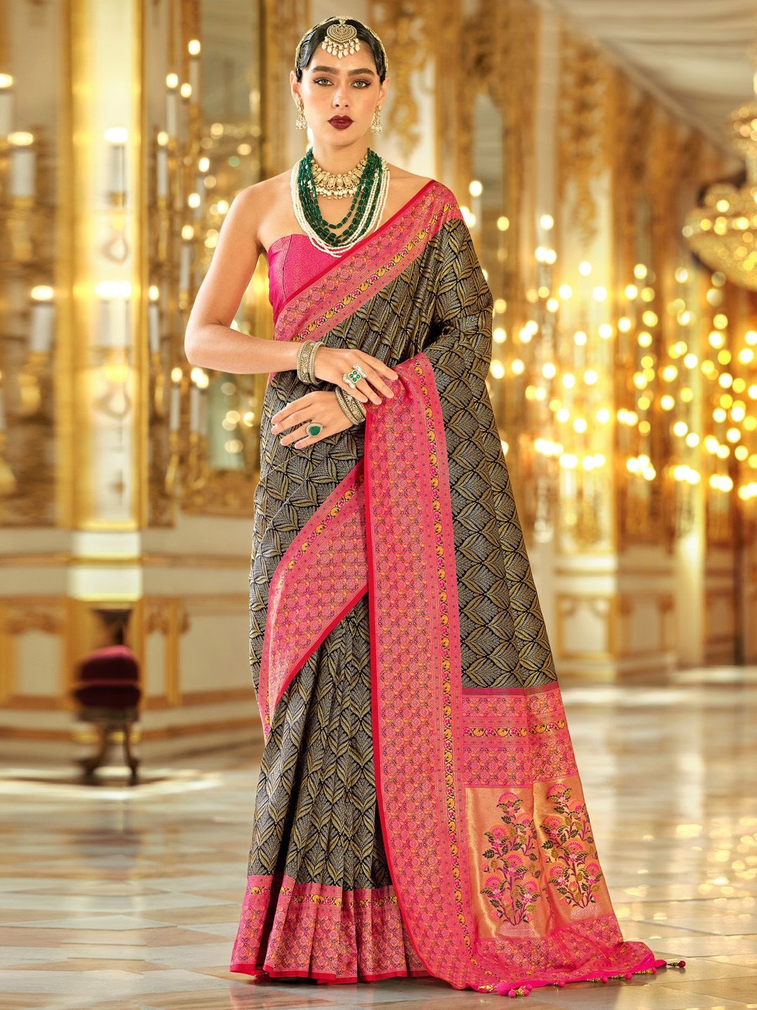 

Anouk Ethnic Motifs Woven Design Kanjeevaram Saree, Black