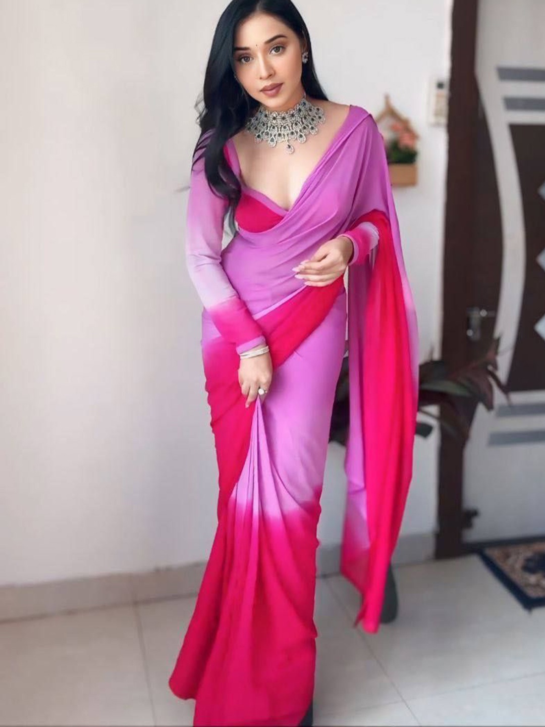 

ZIBLON Ombre Ready to Wear Saree, Pink