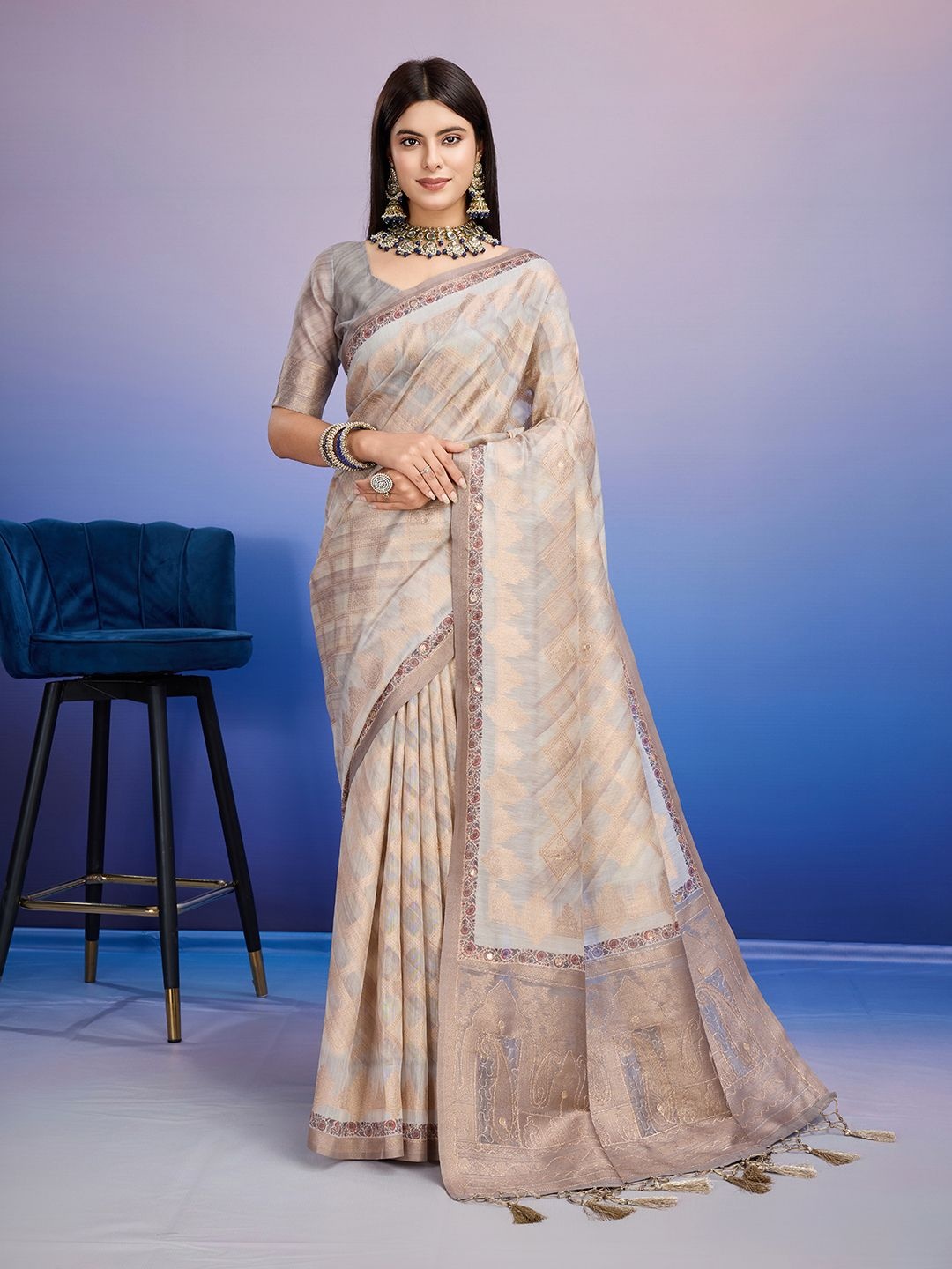 

Mitera Woven Design Zari Pure Cotton Banarasi Saree, Beige