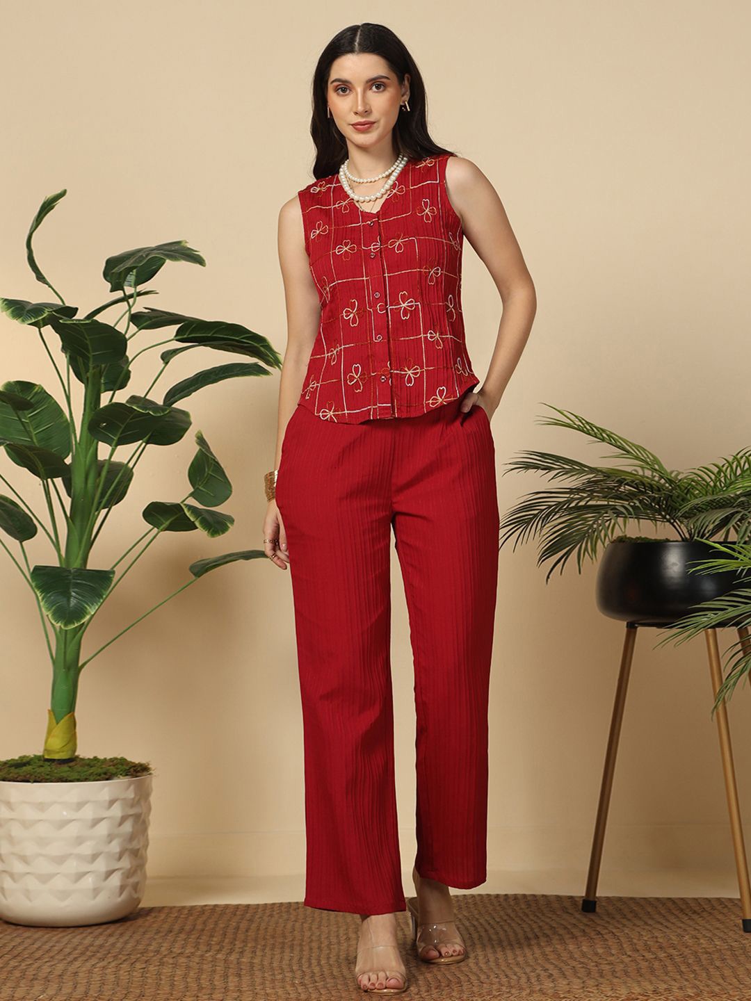

Moda Rapido Maroon Embroidered V-Neck Top With Trouser
