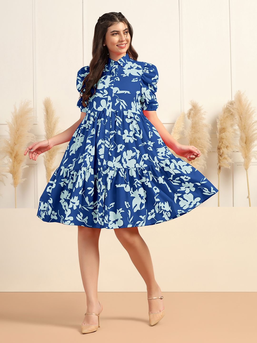 

OMPAX Women Floral Printed Cotton Fit & Flare Knee Length Dress, Blue