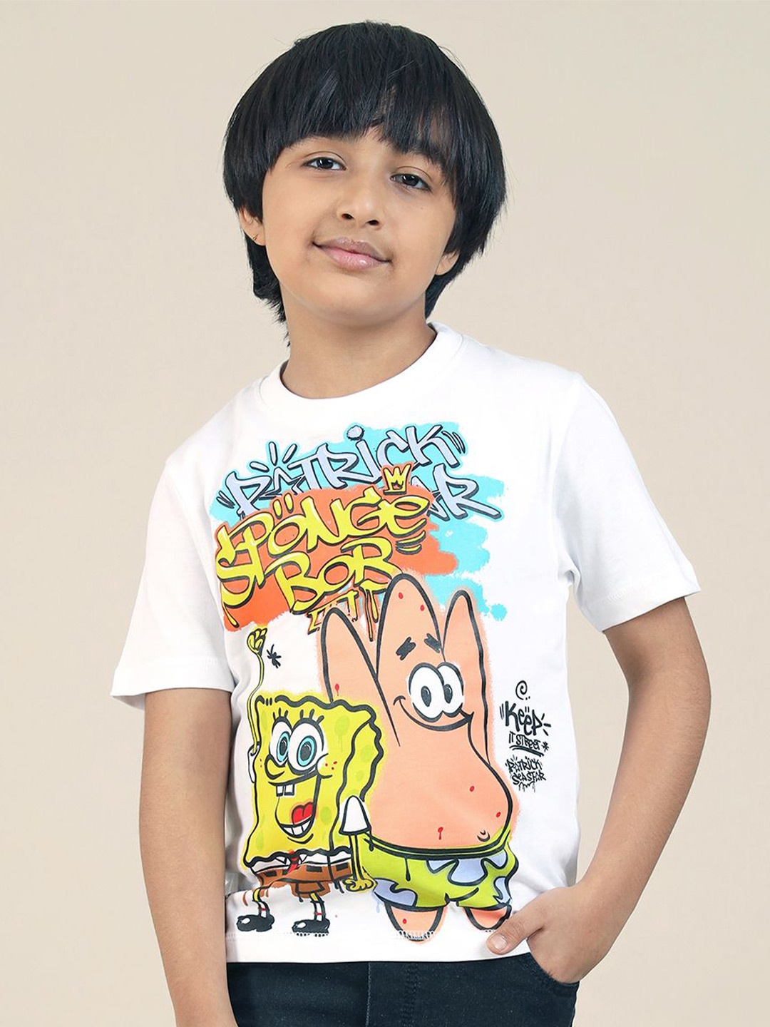 

Kids Ville Boys Sponge Bob Graphic Printed Round Neck Cotton T-shirt, White