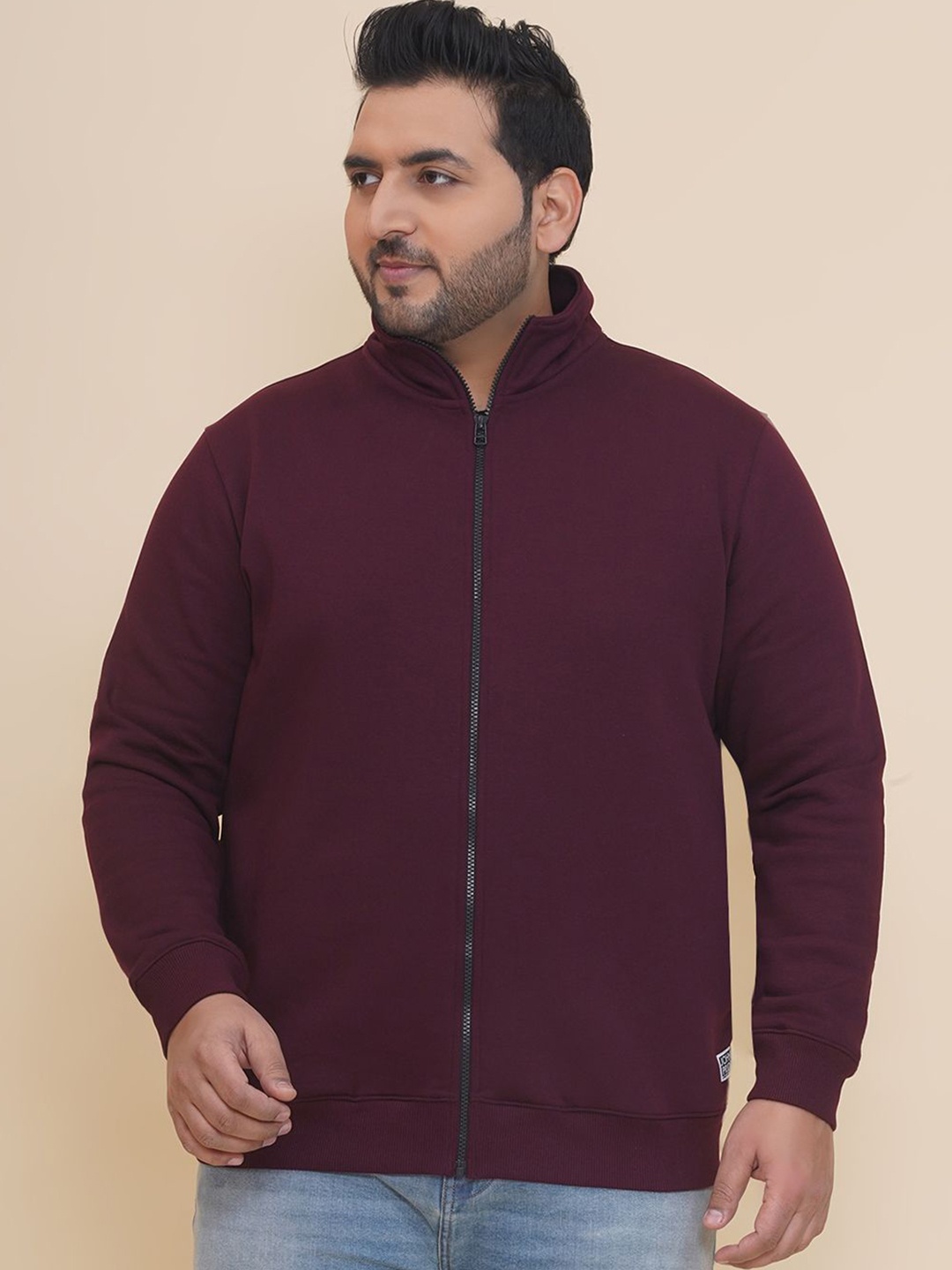 

John Pride Men Plus Size Men Mock Collar Cotton Front-Open Sweatshirt, Maroon