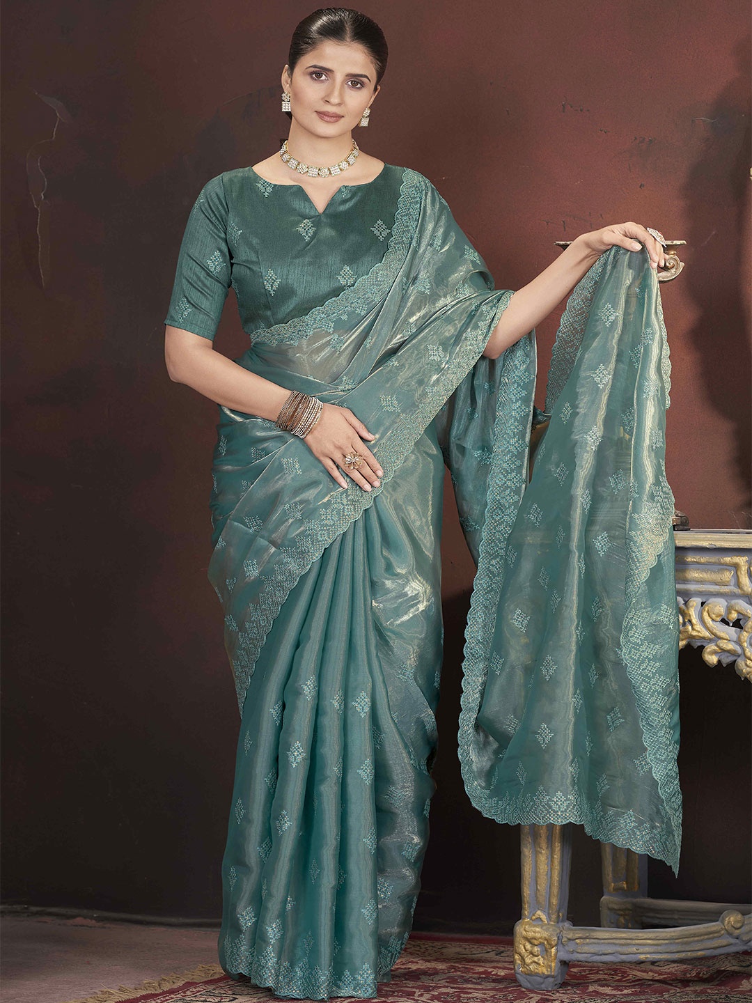 

RV CREATION Thread Embroidery work Sequinned Organza Saree, Sea green