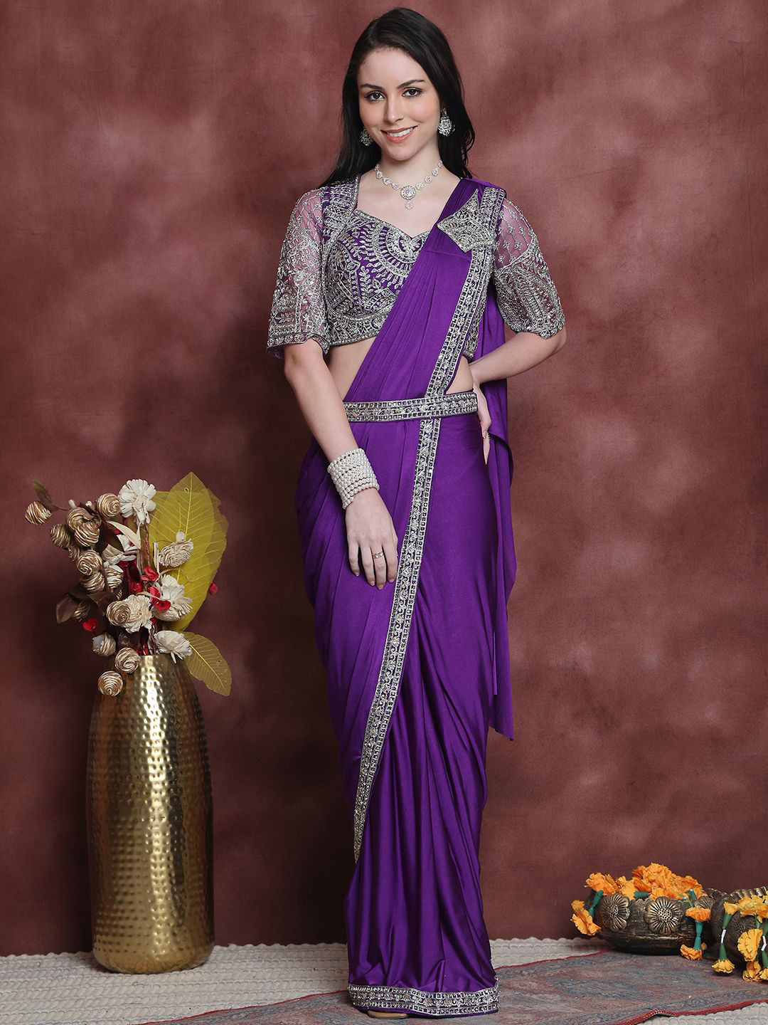 

Grancy Women Mirror Work Ready to Wear Saree, Purple