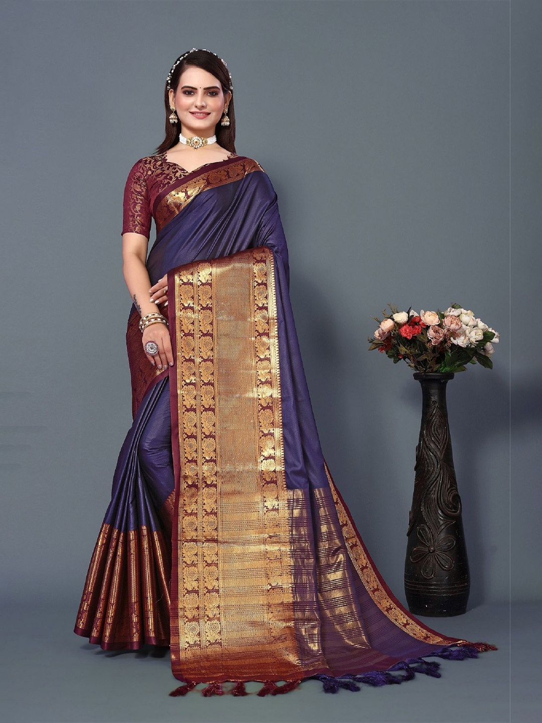 

A TO Z CART Zari Silk Cotton Kanjeevaram Saree, Navy blue