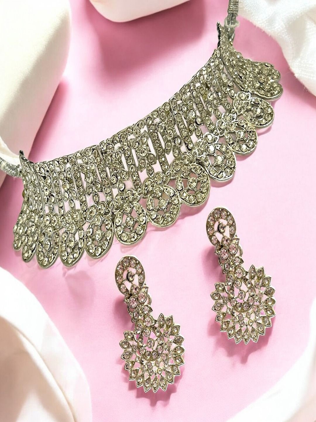 

AccessHer Silver Plated American Diamond Studded Necklace and Earrings With Maang Tika