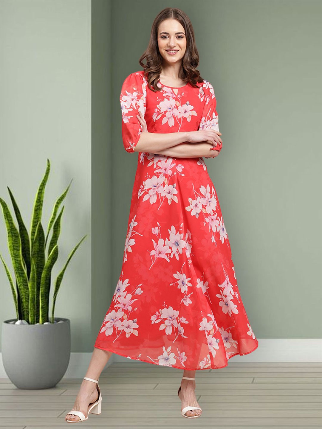 

Mast & Harbour Women Floral Print Puff Sleeve Layered Fit & Flare Midi Dress, Red