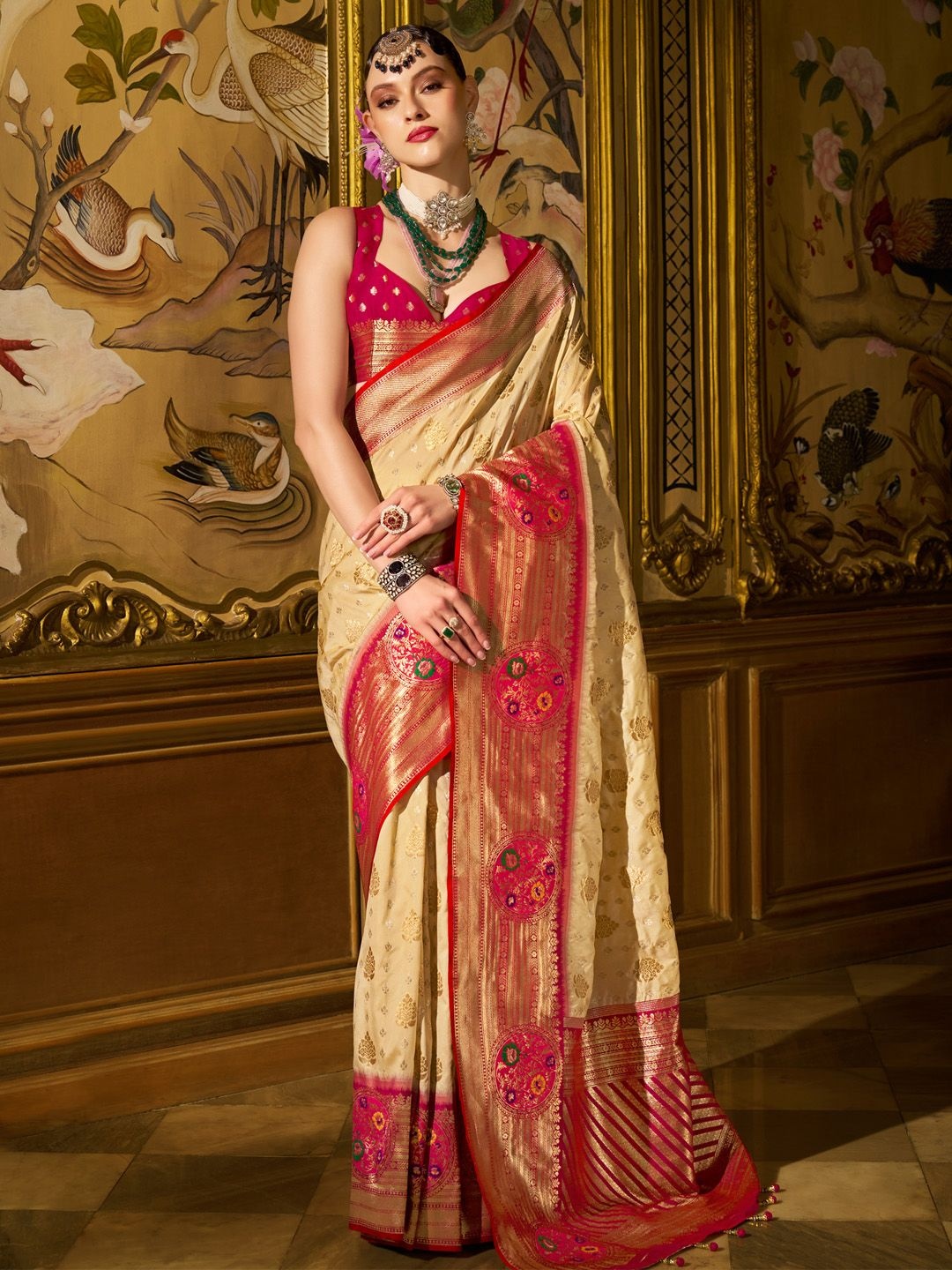 

Anouk Ethnic Motifs Zari Designer Banarasi Saree, Cream