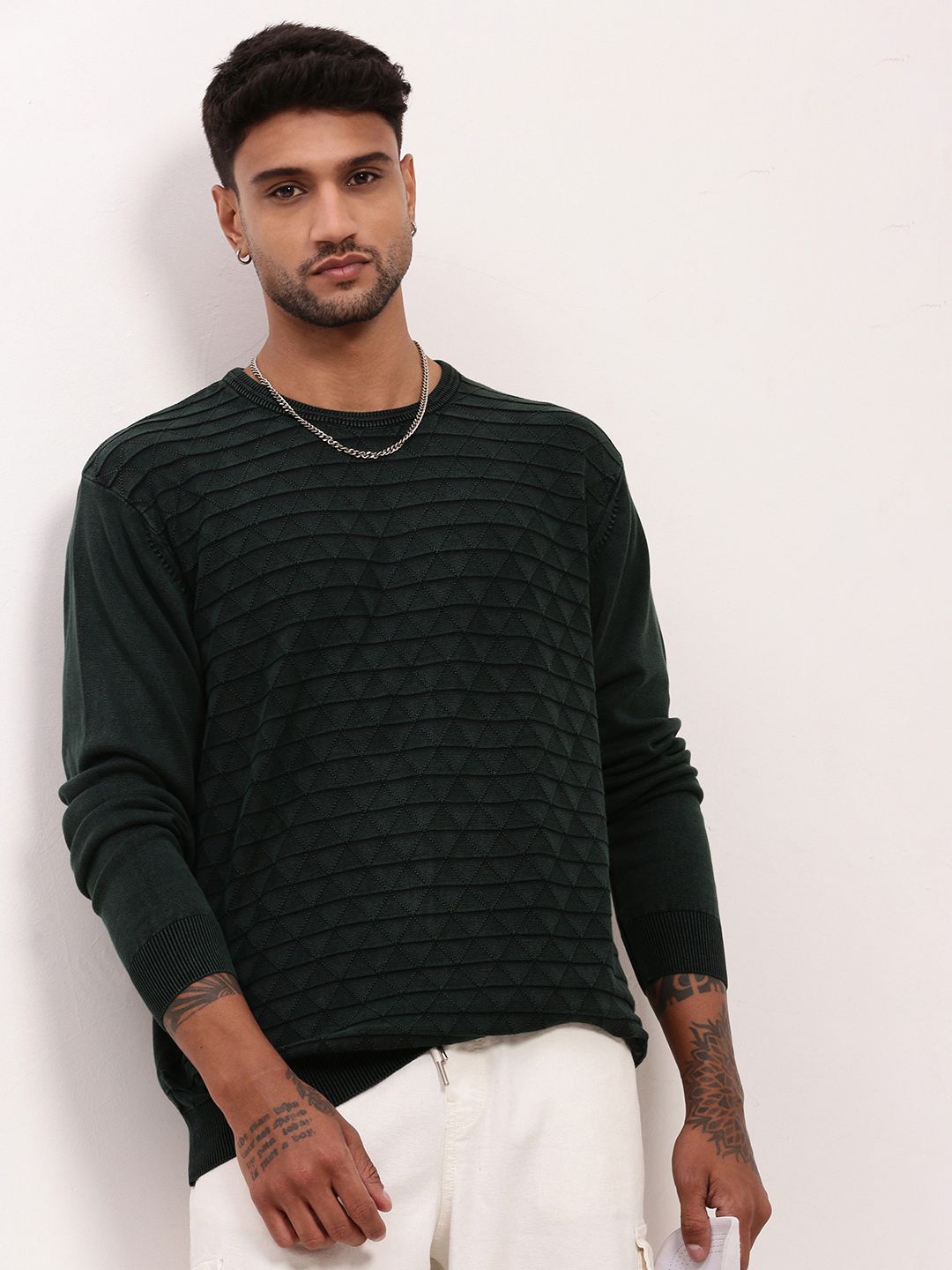 

SHOWOFF Men Cable Knit Round Neck Pullover Sweater, Green