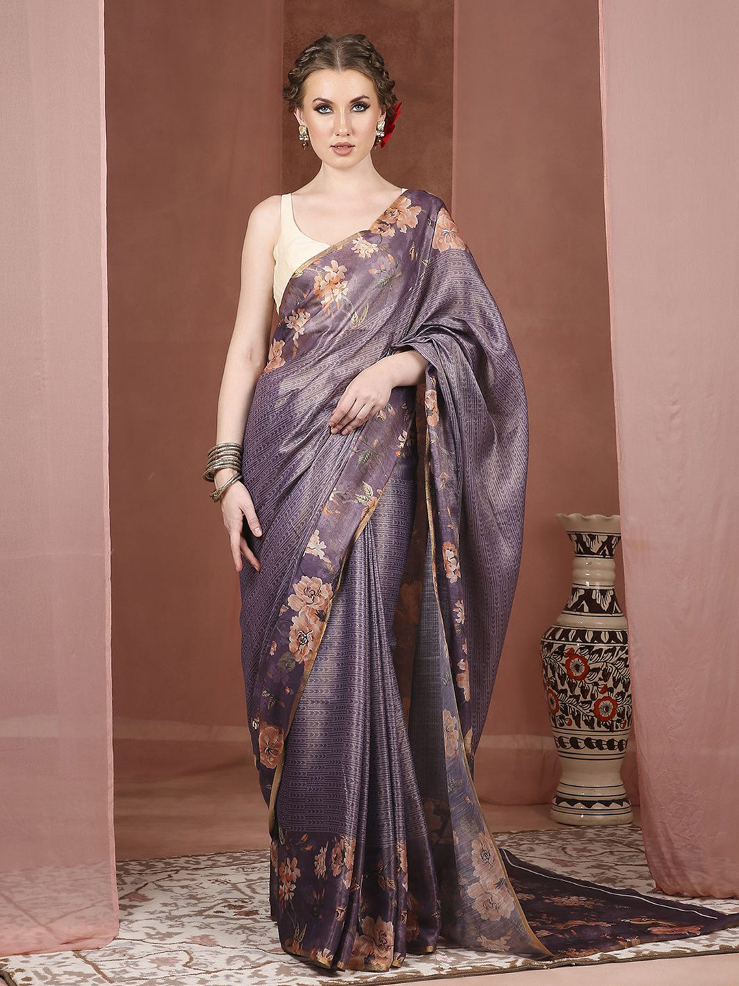 

JUST FASHION Floral Printed Zari Banarasi Saree, Purple