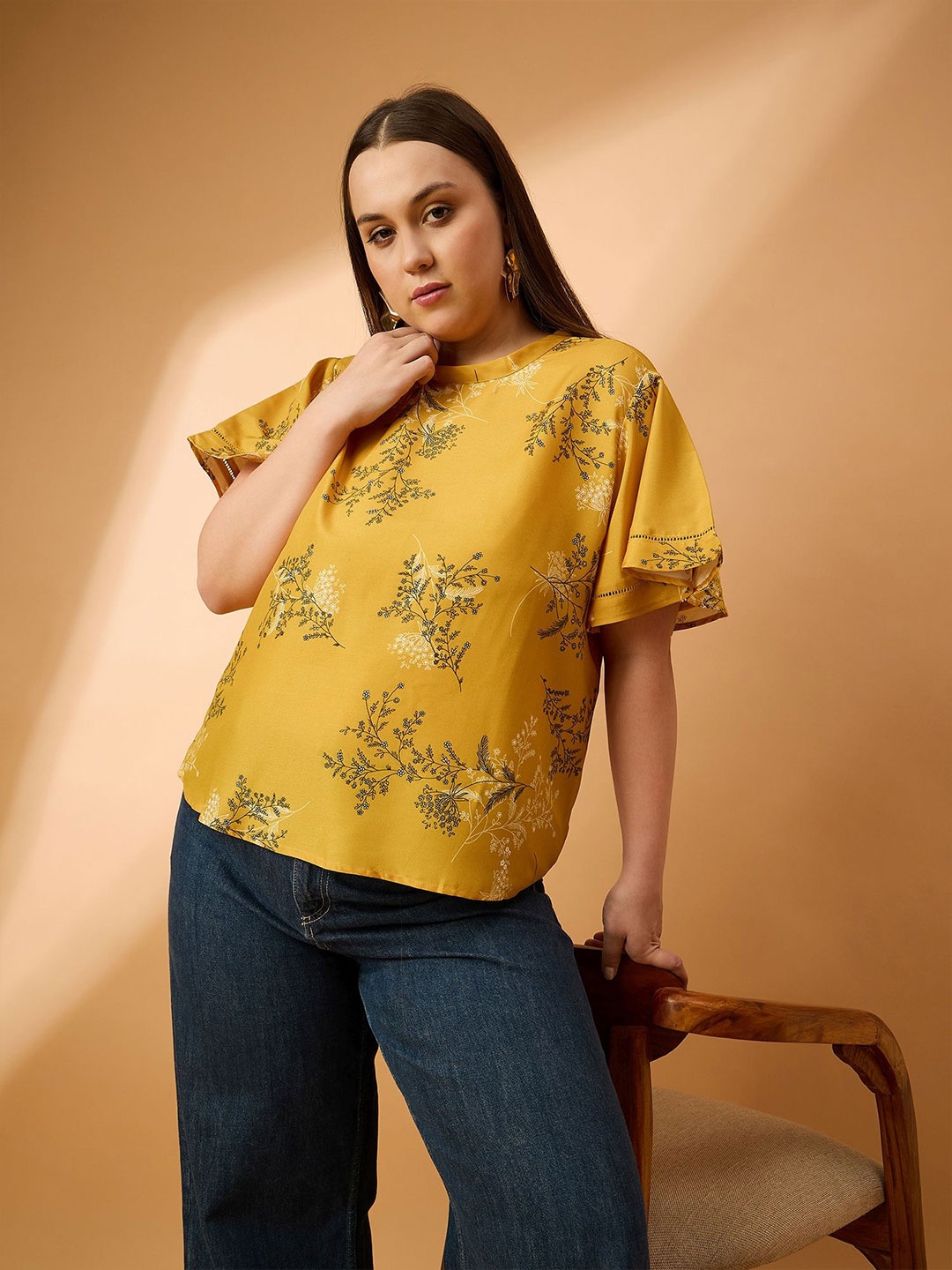 

all about you Women Floral Print Puff Sleeve Top Plus-Size, Mustard