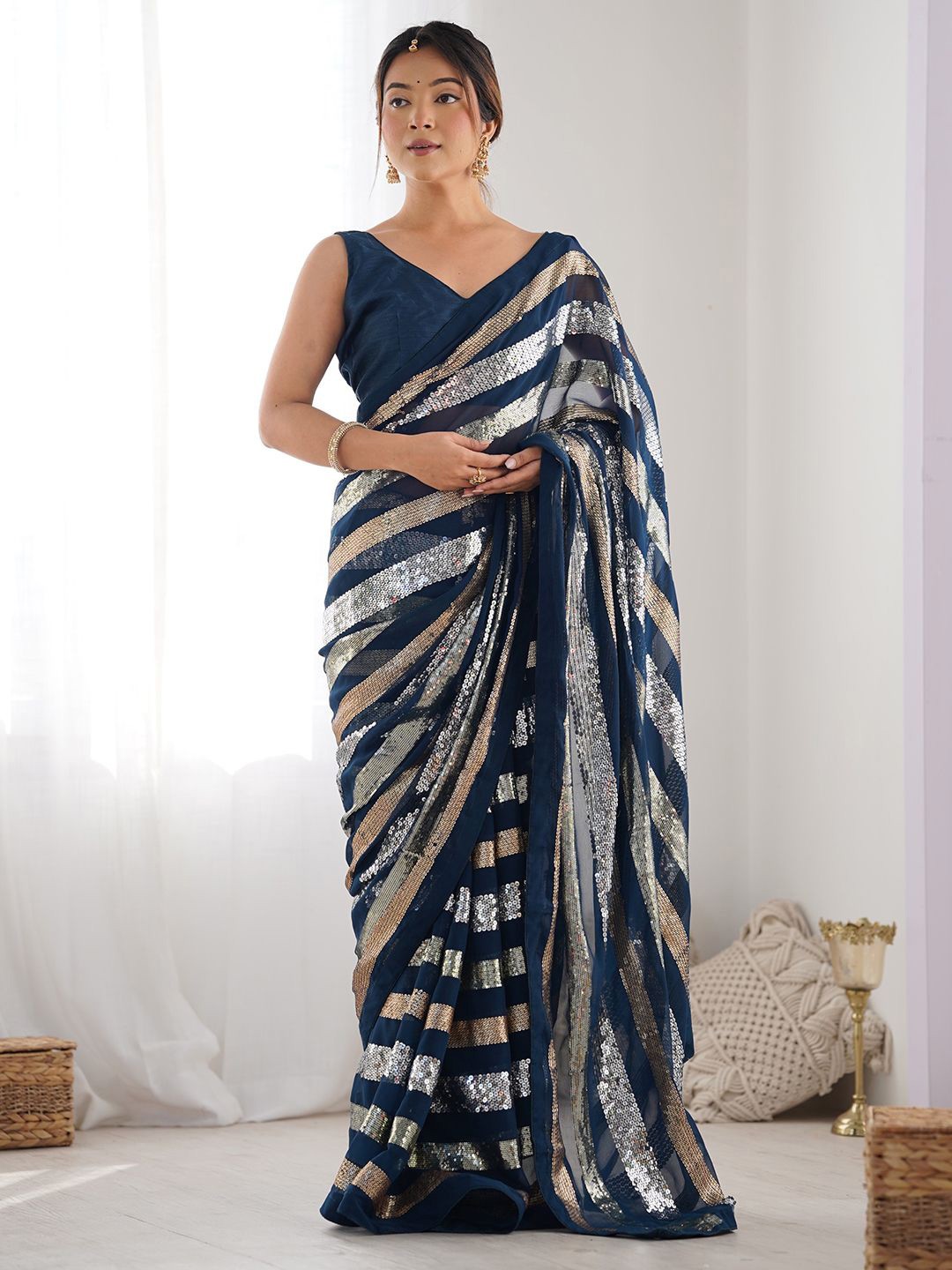 

Mitera Striped Sequinned Saree, Teal