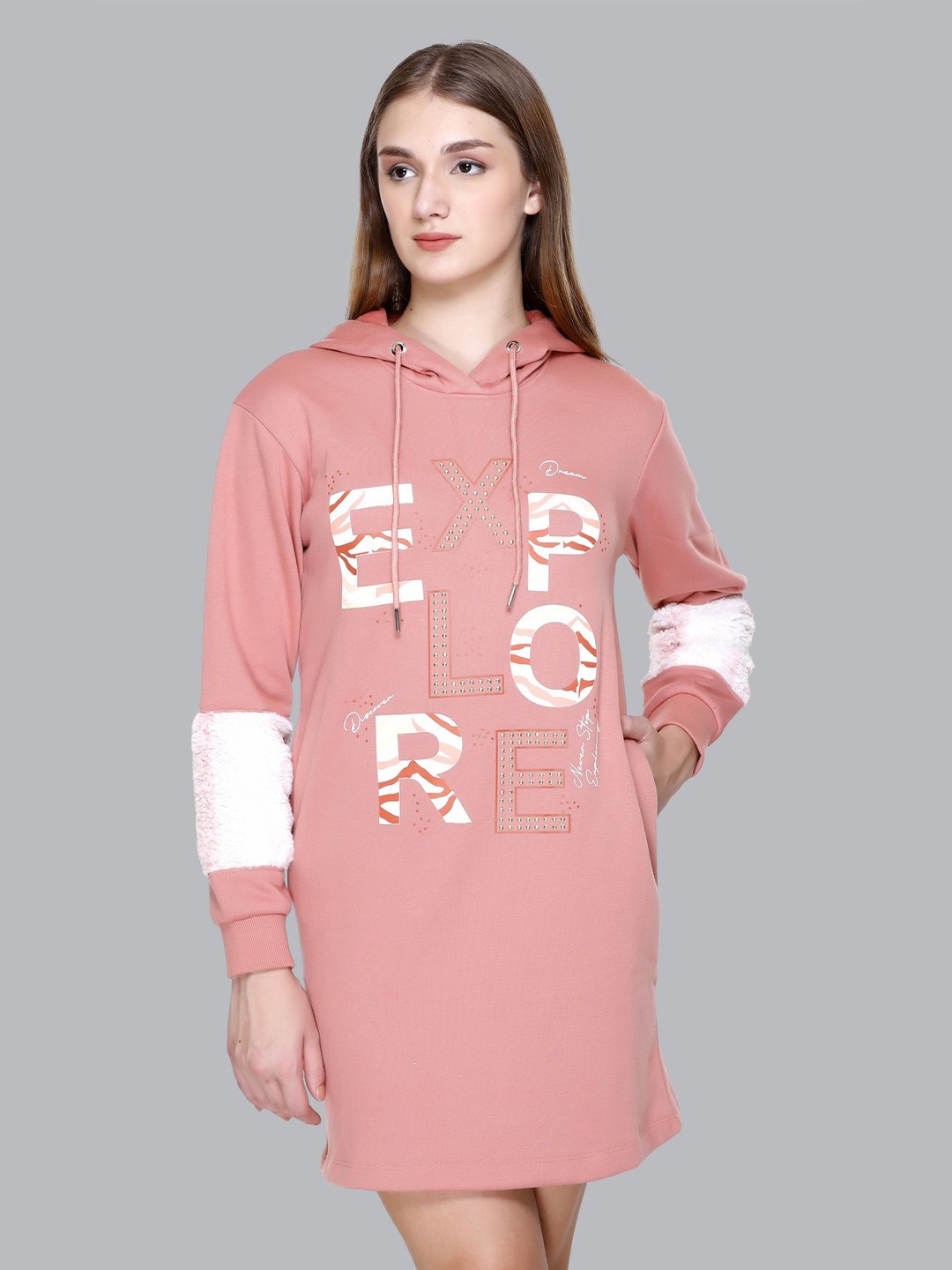 

Yoorix Printed Hooded Woollen Jumper Dress, Peach