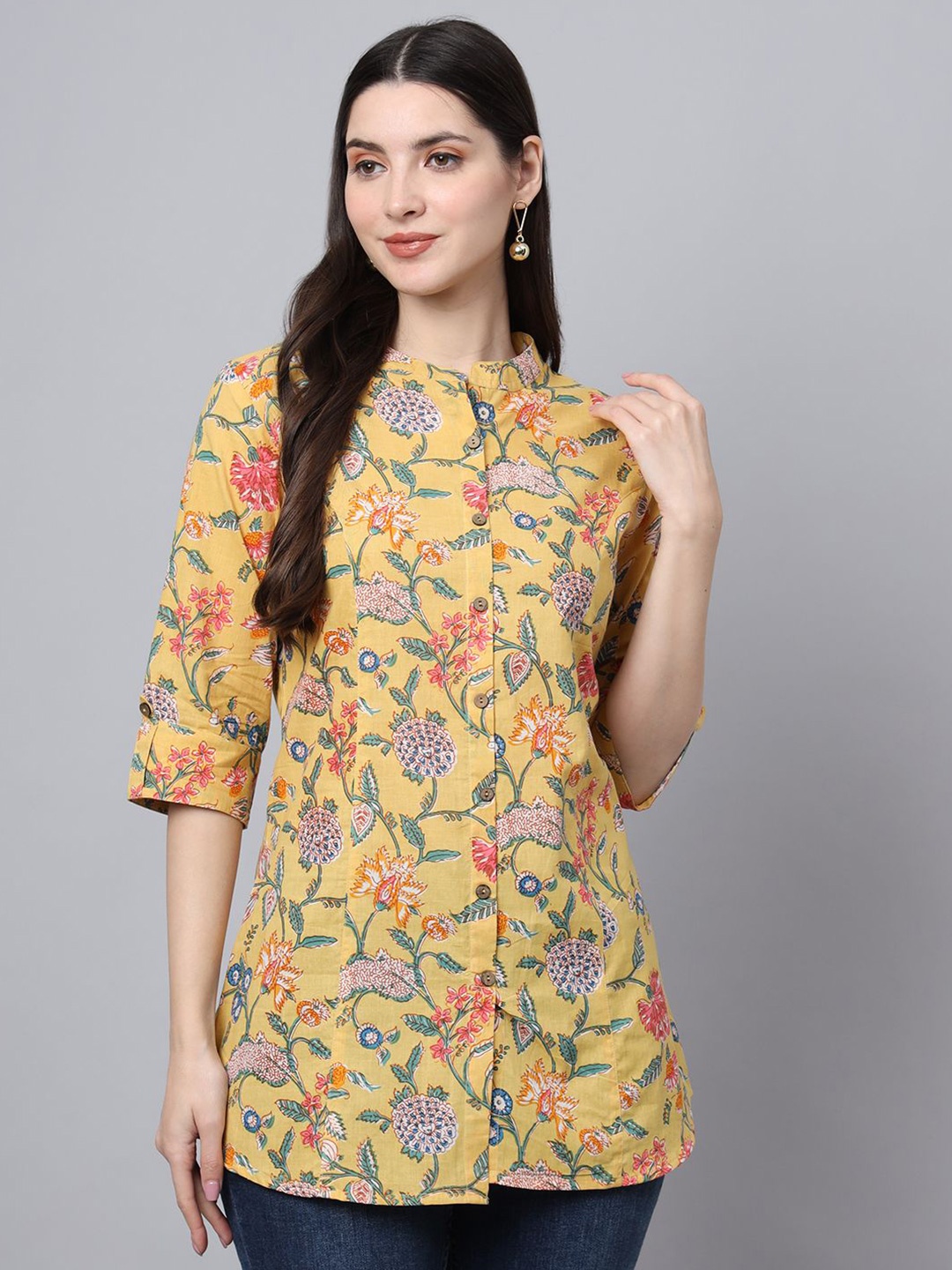 

BAESD Women Ethnic Motifs Printed Mandarin Collar Roll-Up Sleeves Cotton Shirt Style Top, Yellow