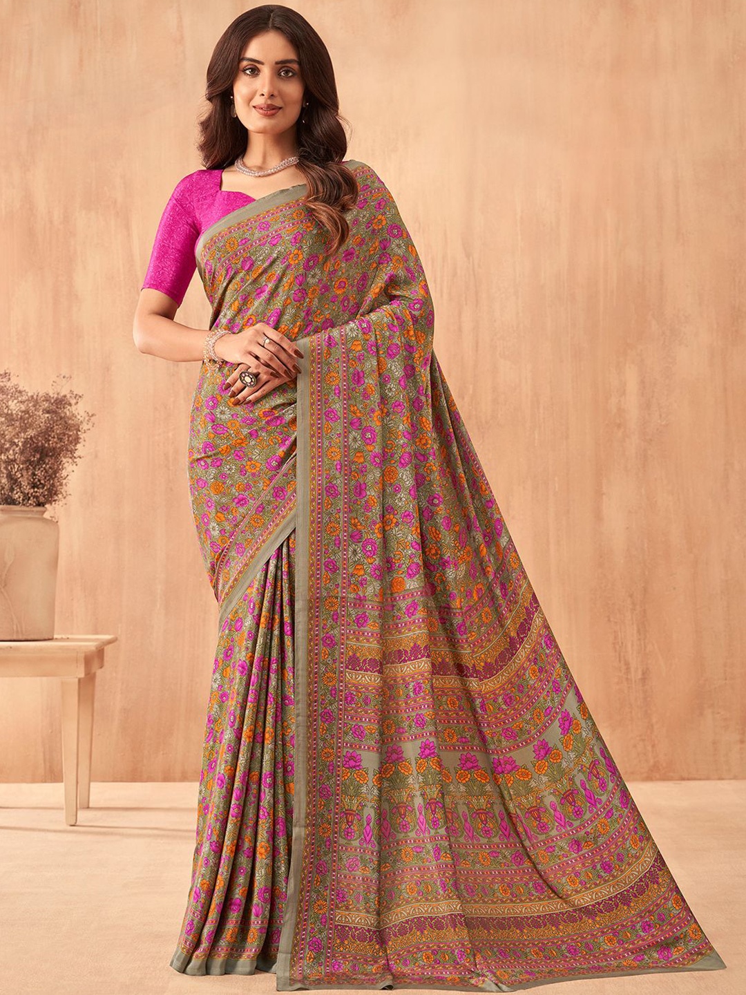 

Mitera Floral Print Saree, Pink