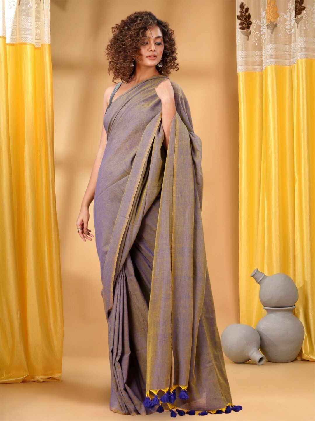 

T.J. SAREES Solid Pure Cotton Saree, Grey