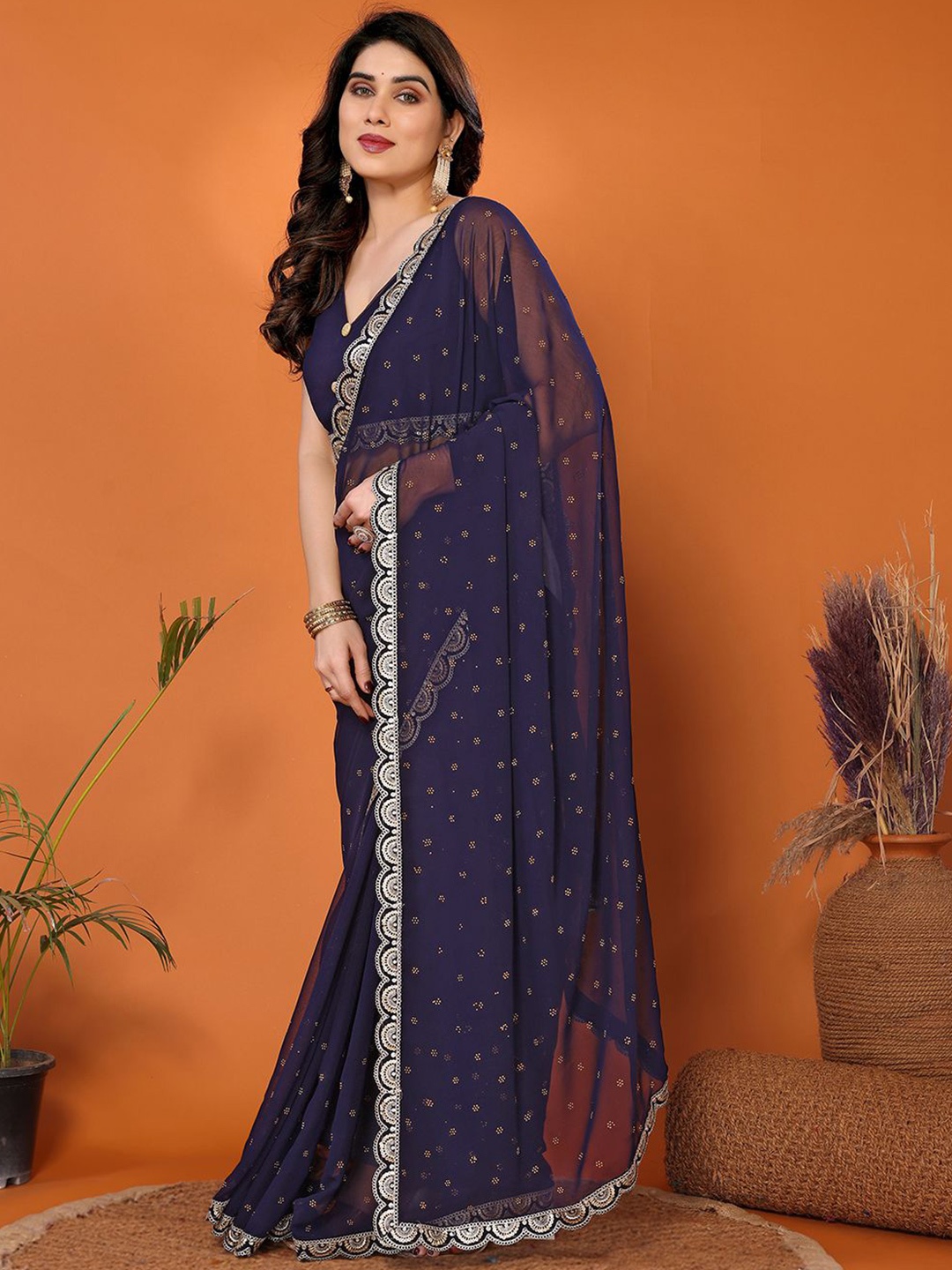 

FABMORA Ethnic Motifs Beads and Stones Pure Georgette Saree, Navy blue