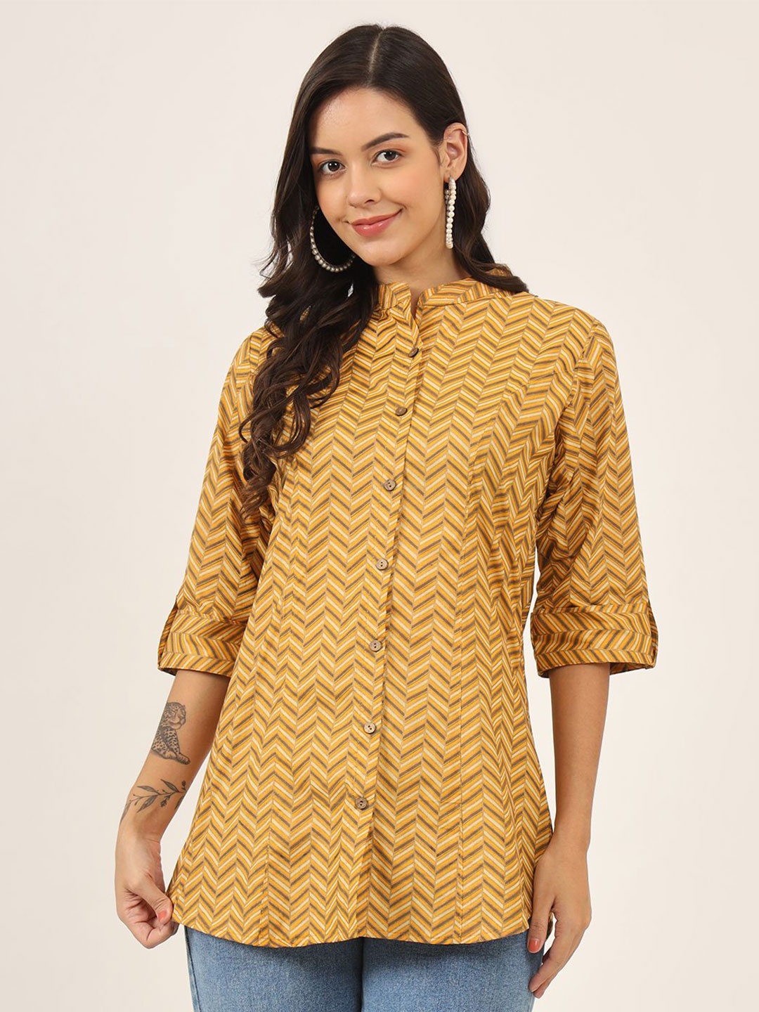

BAESD Women Printed Ethnic Cotton Top, Mustard