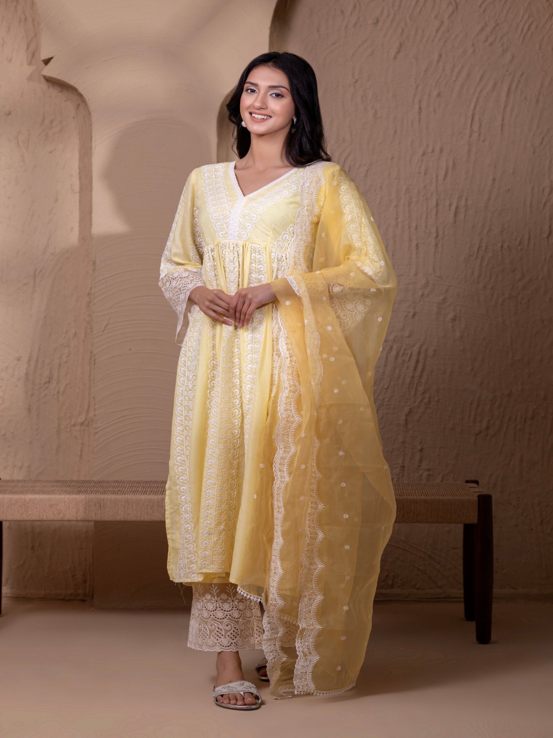 

SEW Floral Embroidered schiffli Pure Cotton A Line Kurta With Palazzos & Dupatta, Yellow