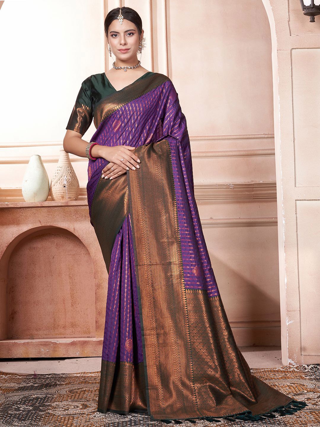 

Mitera Ethnic Motifs Zari Kanjeevaram Saree, Purple