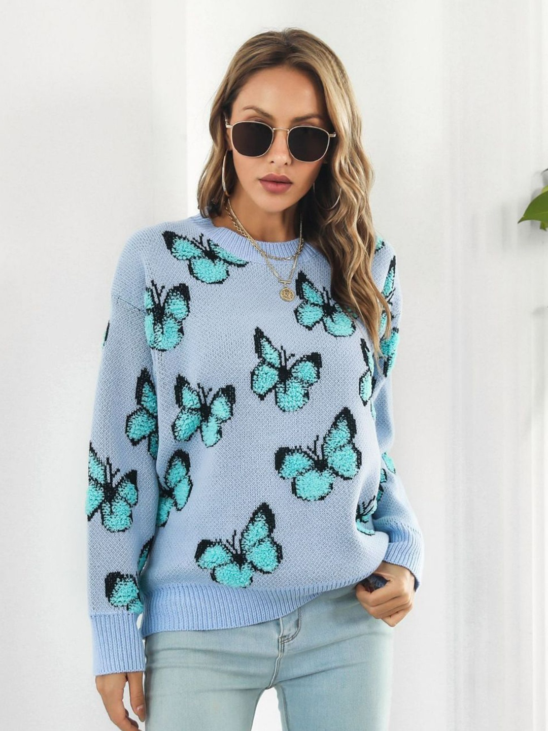 

Oh Rare Women Butterfly Printed Pullover, Blue