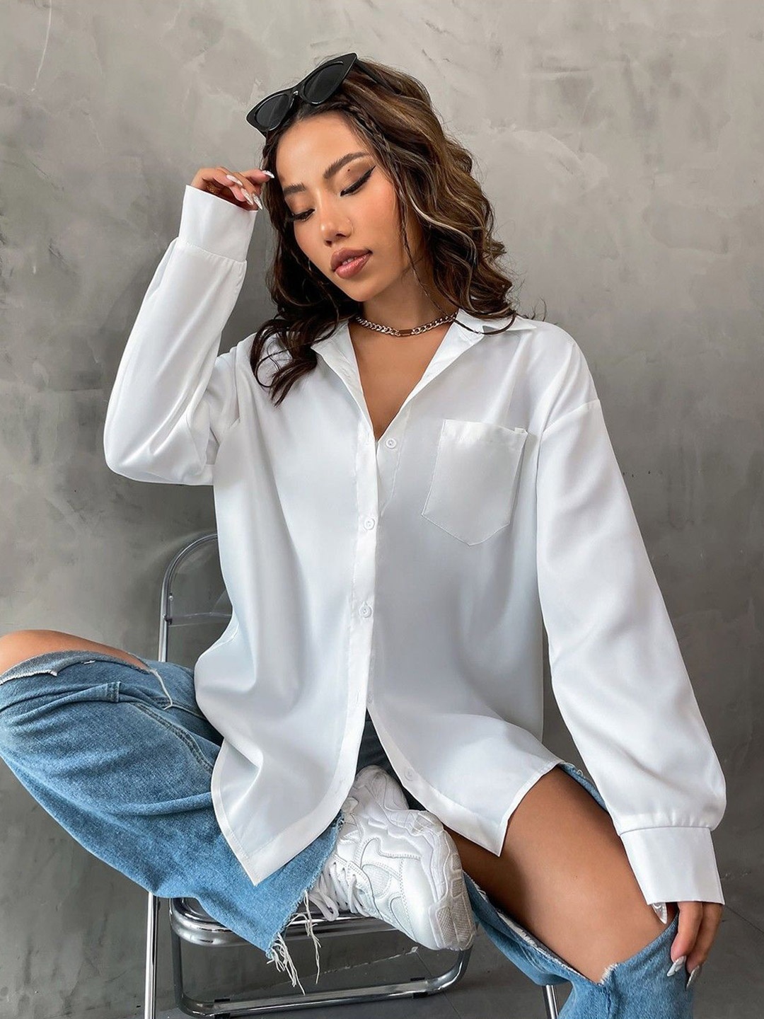 

WHY SO FAB Women Comfort Relaxed Fit Spread Collar Solid Cotton Casual Shirt, White