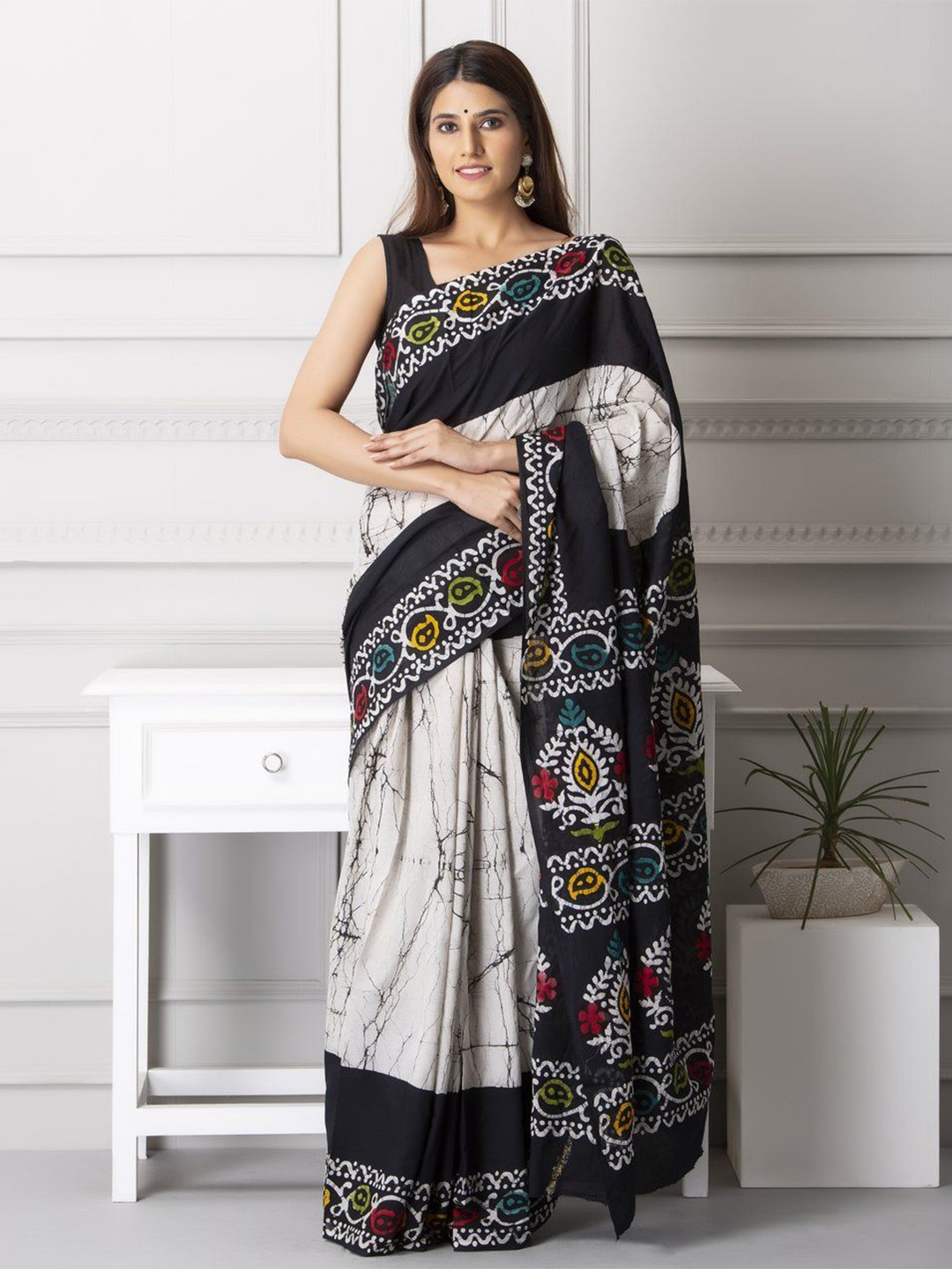 

Craft Musium Ethnic Motifs Pure Cotton Bagru Saree, White