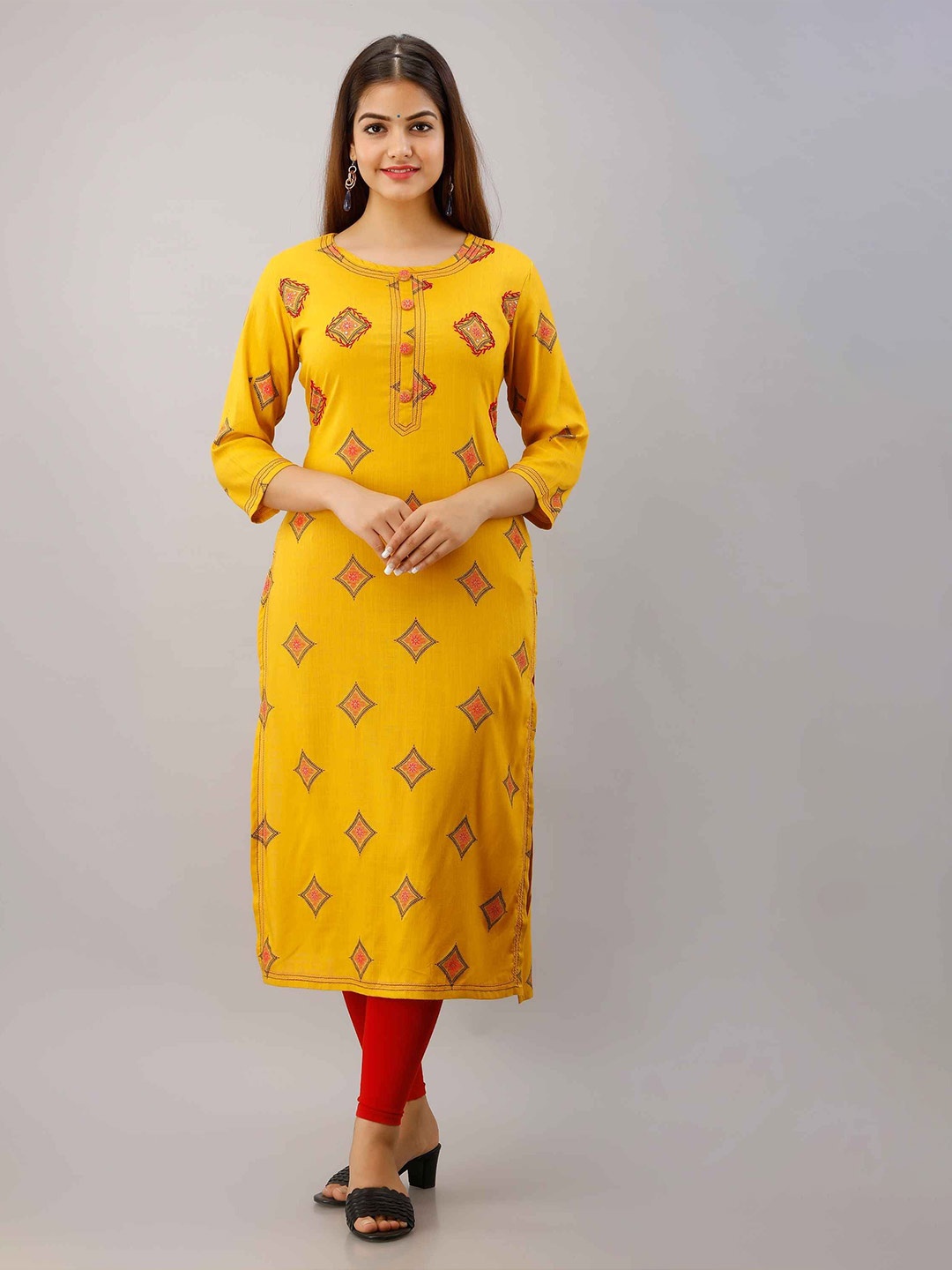 

SHAGUNA'S Women Ethnic Motifs Embroidered Straight Kurta, Yellow