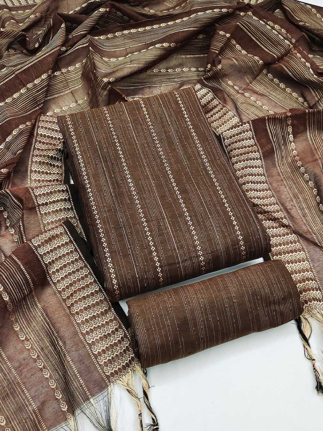 

Aika Striped Printed Pure Cotton Unstitched Dress Material, Brown