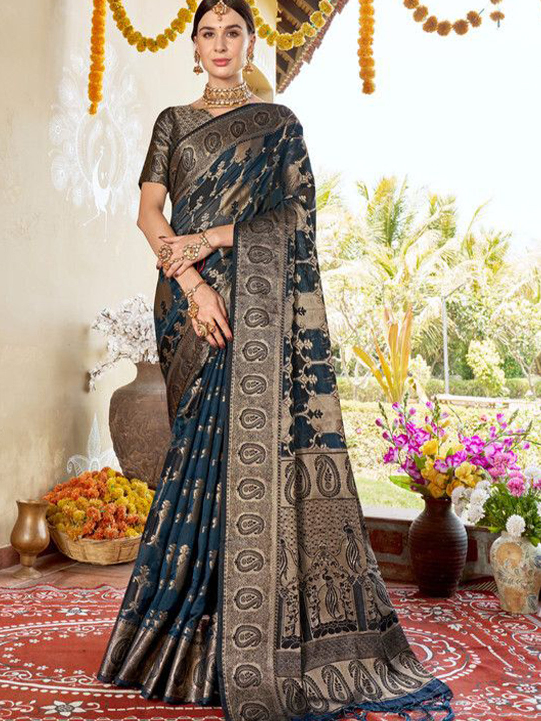 

sagarika Woven Design Zari Organza Banarasi Saree, Teal