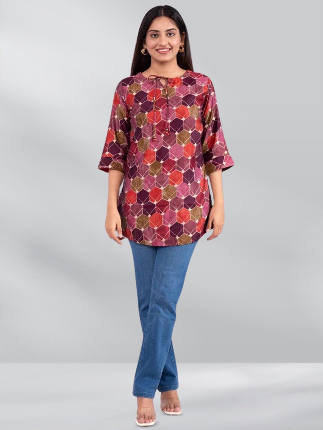 

FREYAA Mandarin Collar Printed Tunic, Maroon