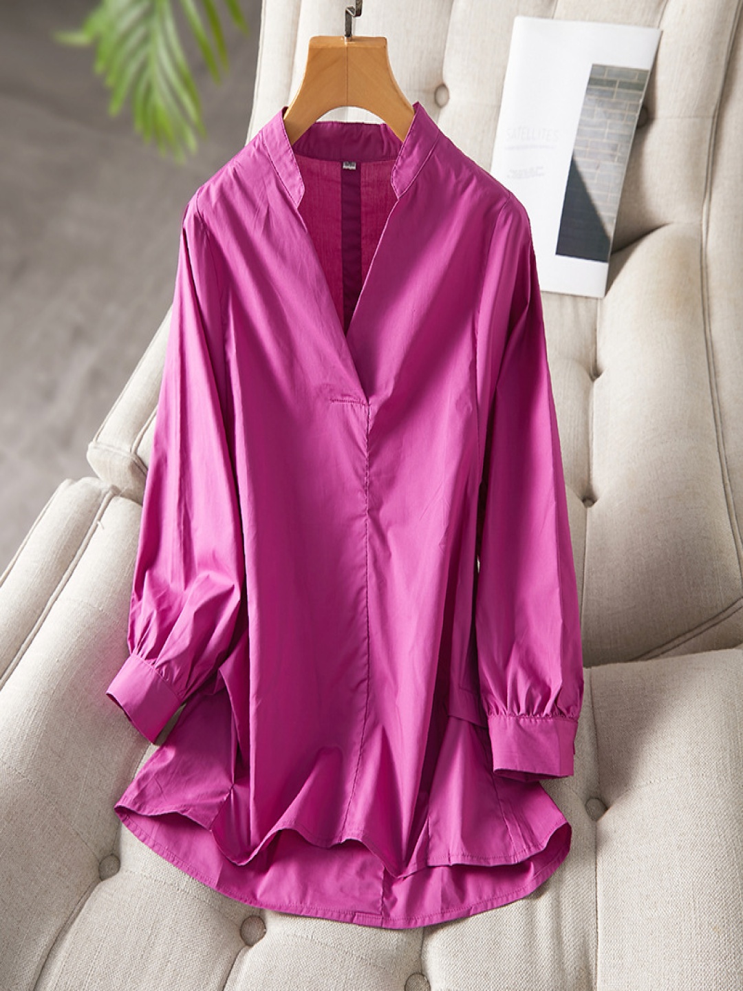 

StyleCast Women Solid Mandarin Collar Cotton Relaxed Fit Casual Shirt, Fuchsia