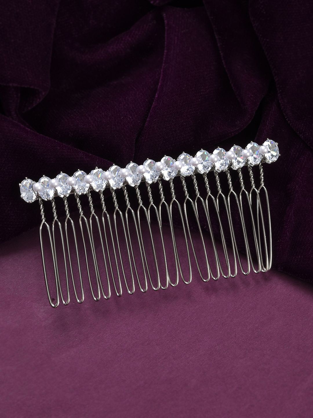 

Voylla Rhodium-Plated Stones Studded Royal Romance Blossom Comb Pin Hair Accessories, Silver