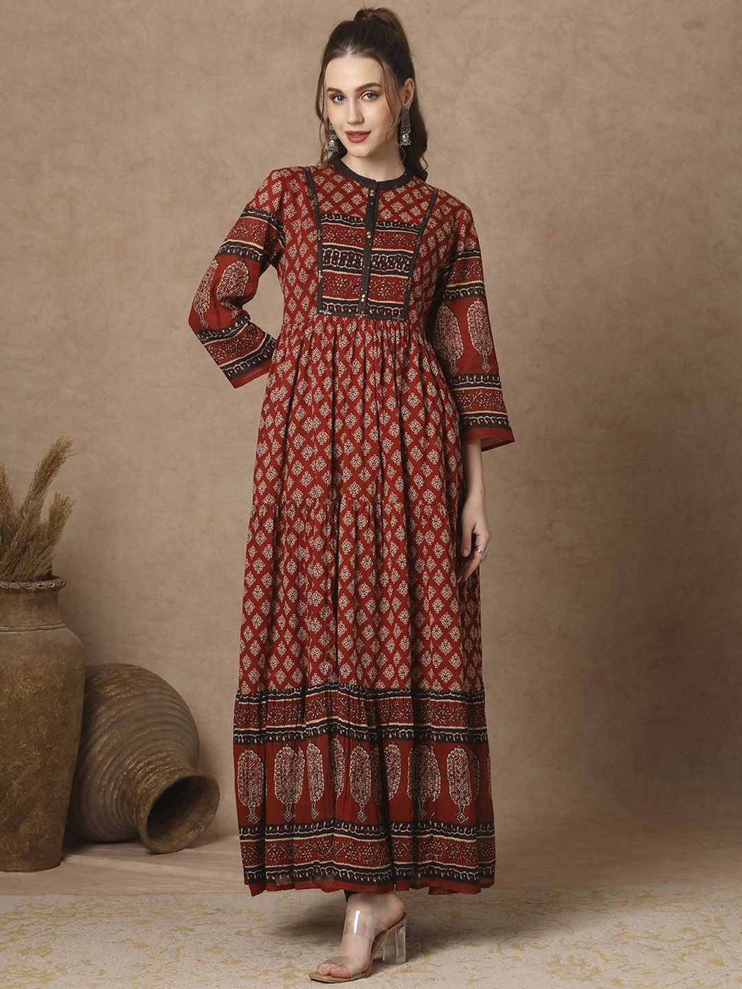 

FASHOR Women Ethnic Motifs Printed A-Line Maxi Dress, Rust