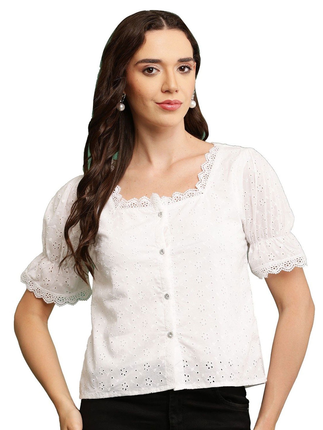 

SHAHVEER CREATION Women Square Neck Self Design Lace Top, White