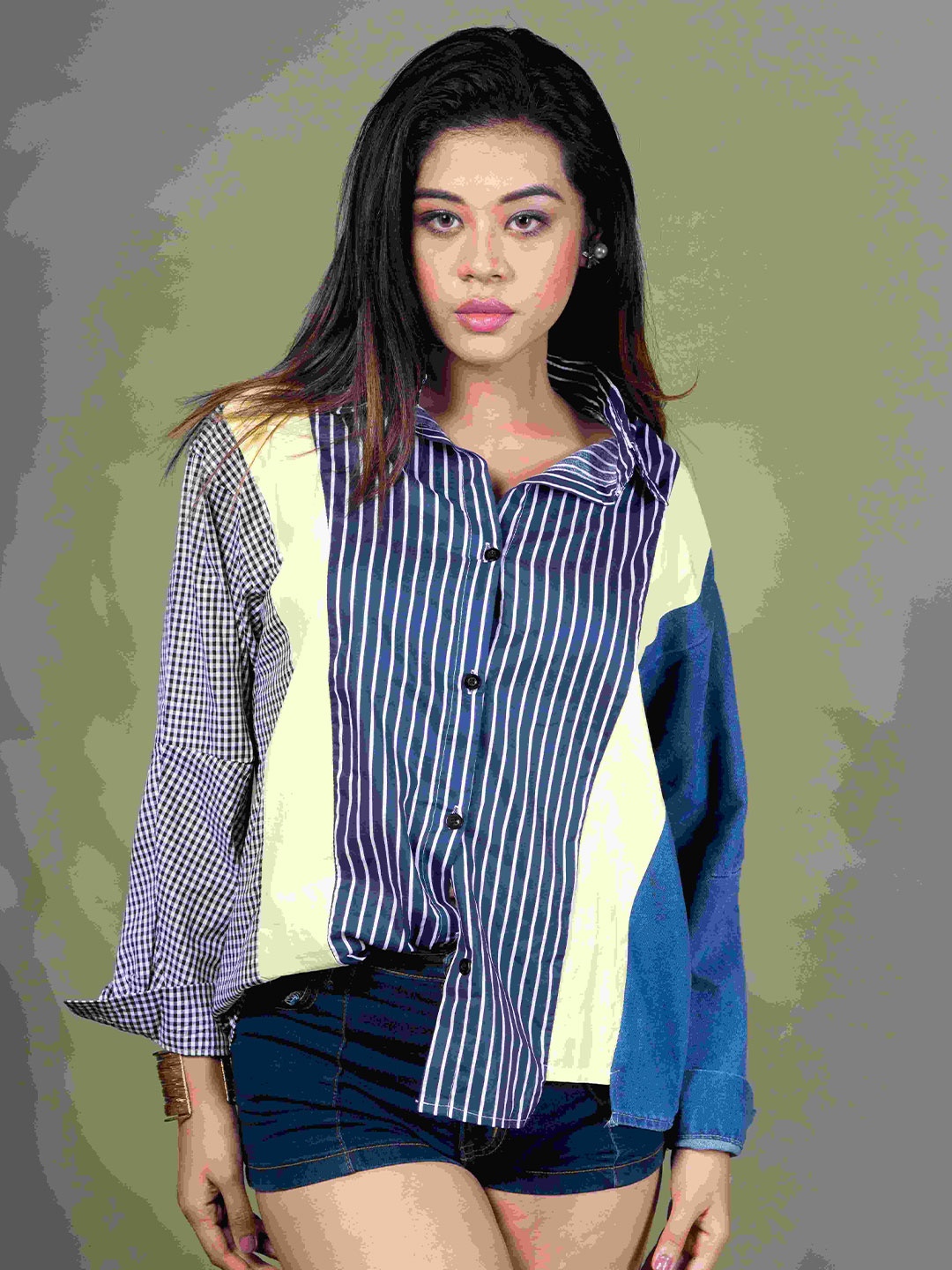 

Unityshop Women Standard Relaxed Fit Spread Collar Vertical Striped Casual Shirt, Navy blue