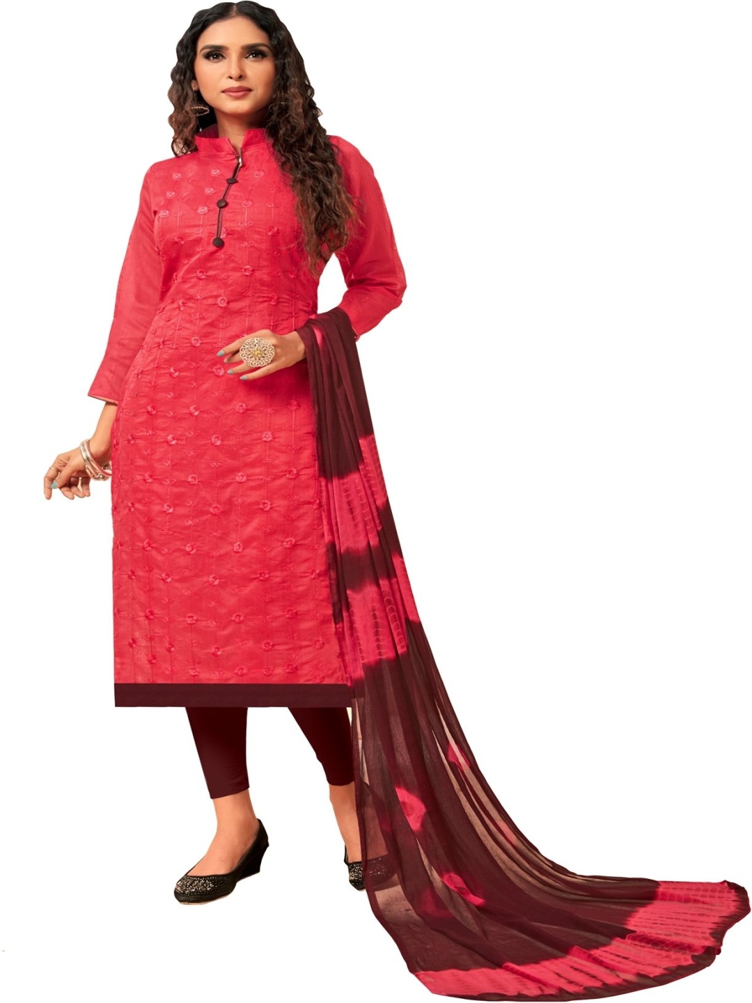 

Aika Floral Embroidered Pure Silk Unstitched Dress Material, Red