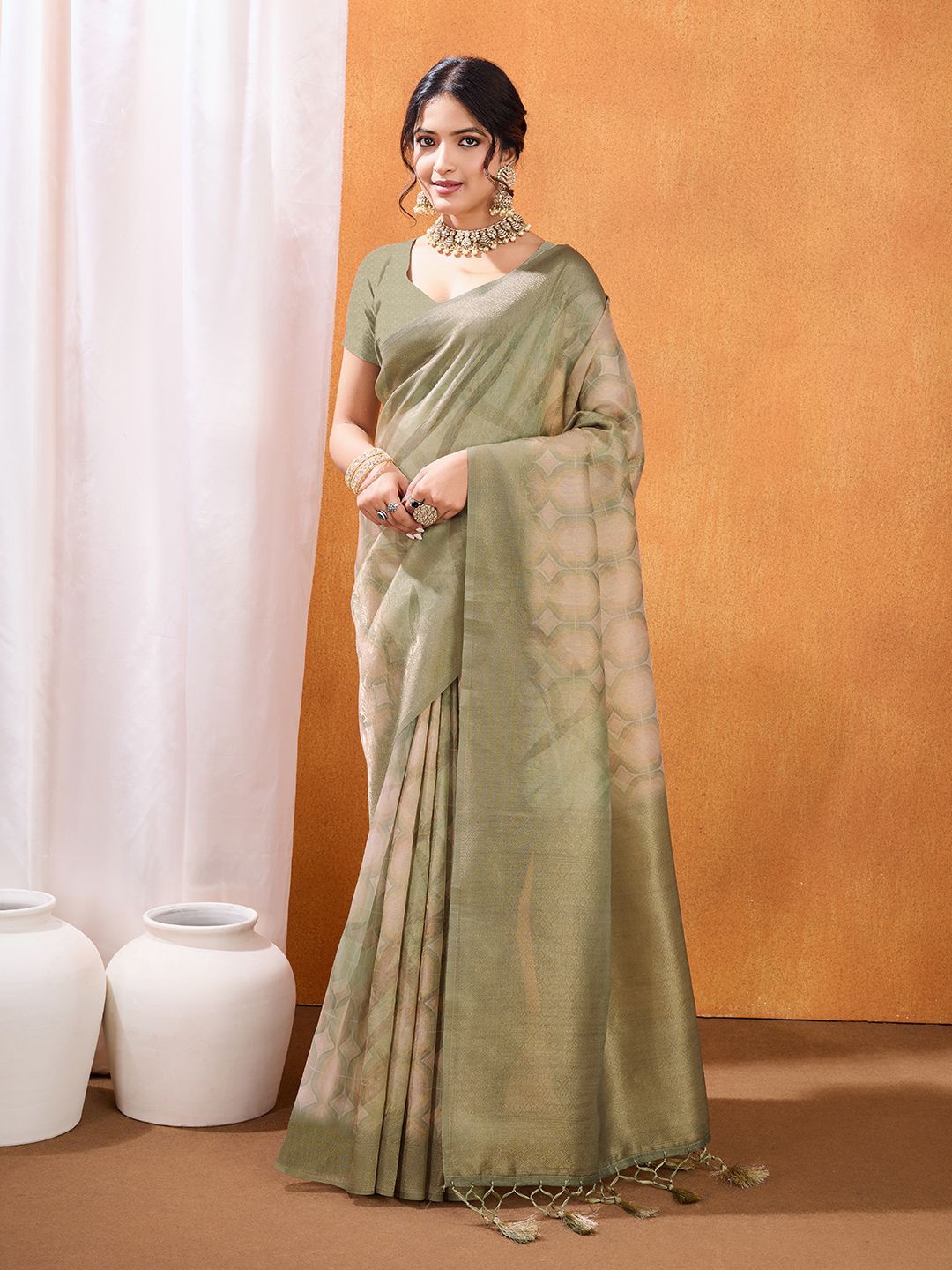 

Mitera Ethnic Motifs Banarasi Saree, Olive