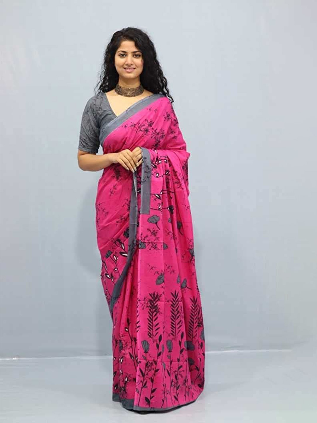 

Craft Musium Floral Pure Cotton Bagru Saree, Pink