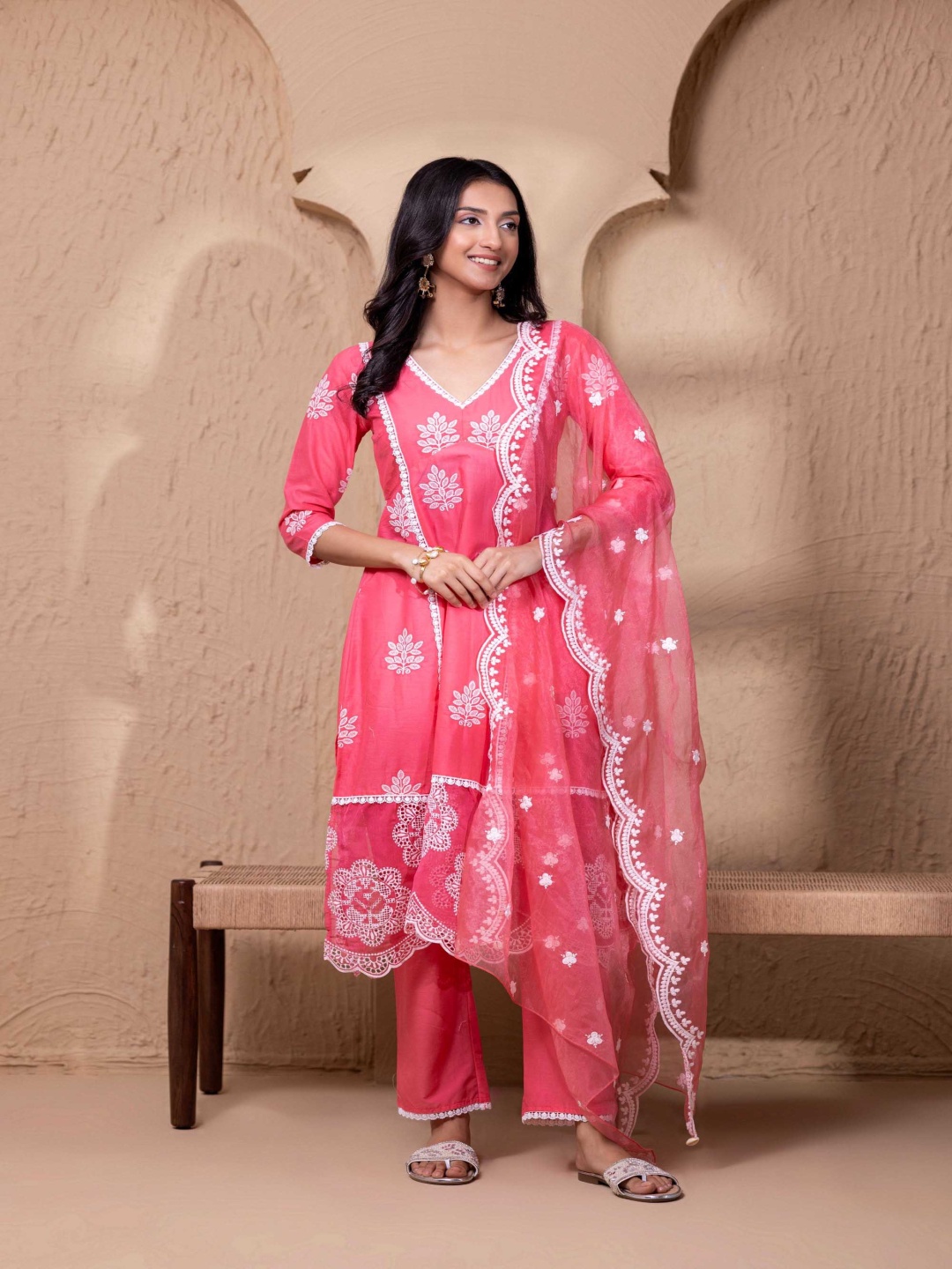 

SEW Floral Threadwork Lace Work schiffli Pure Cotton A Line Kurta With Palazzos & Dupatta, Pink