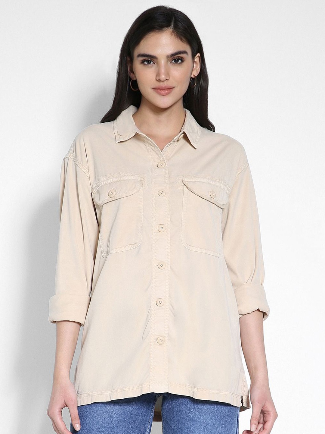 

AMERICAN EAGLE OUTFITTERS Women Spread Collar Solid Casual Shirt, Beige
